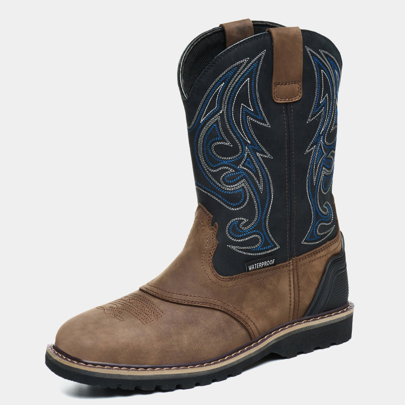 Square Toe Waterproof Leather Work Boots for Men with a Non-Safety Toe and Slip-Resistant Outsole
