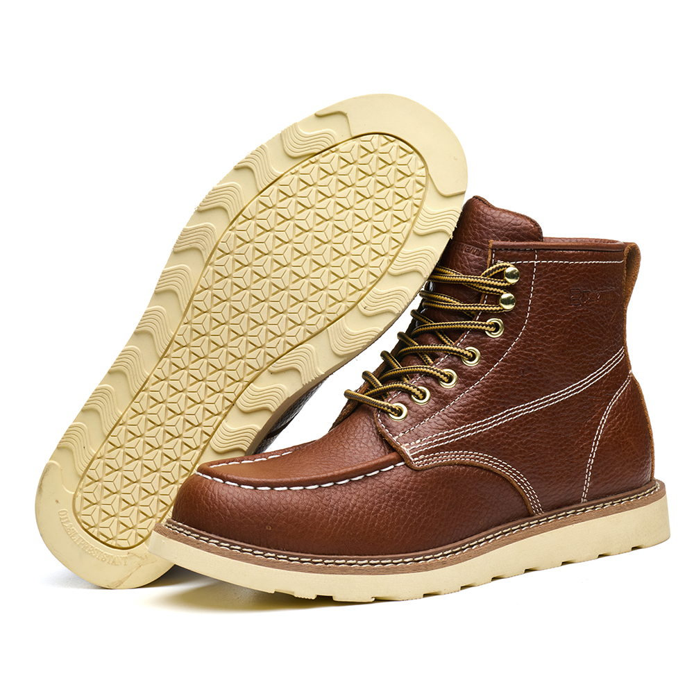 Men‘s Steel Toe Work Boots -Full Grain Leather, Goodyear Welt,Non-Slip Industial Construction Wedge Work Shoes