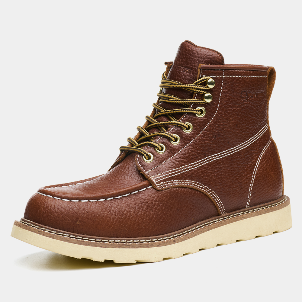 Men‘s Steel Toe Work Boots -Full Grain Leather, Goodyear Welt,Non-Slip Industial Construction Wedge Work Shoes