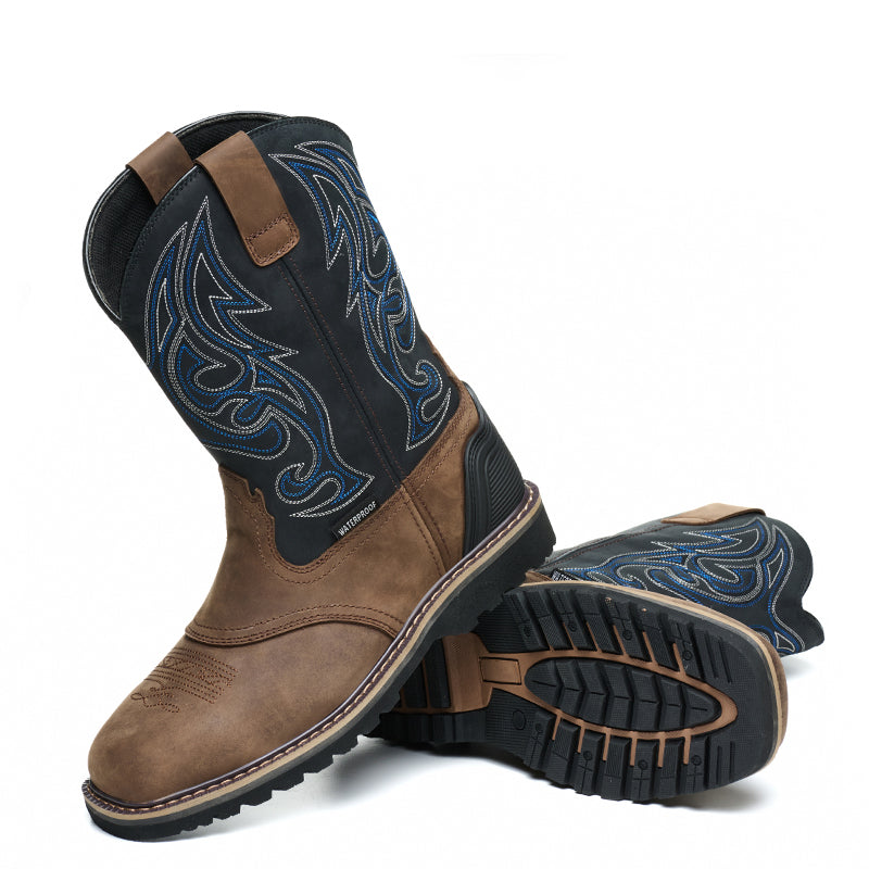 Square Toe Waterproof Leather Work Boots for Men with a Non-Safety Toe and Slip-Resistant Outsole